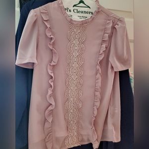 Pale pink ruffle lace button blouse